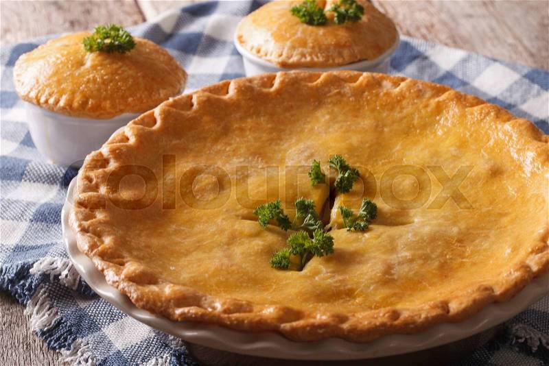 Freshly baked Chicken pot pie in the baking dish close up on the table. horizontal , stock photo