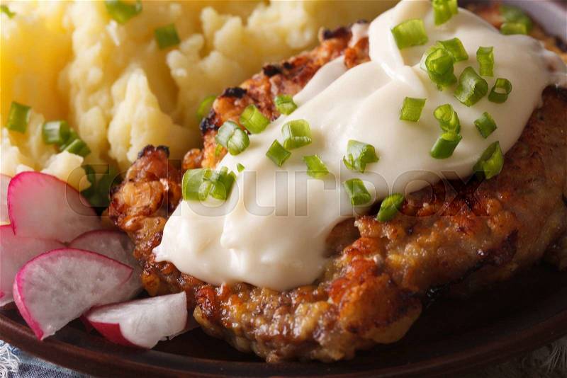 Country Fried Steak and White Gravy with mashed potatoes on a plate macro horizontal , stock photo