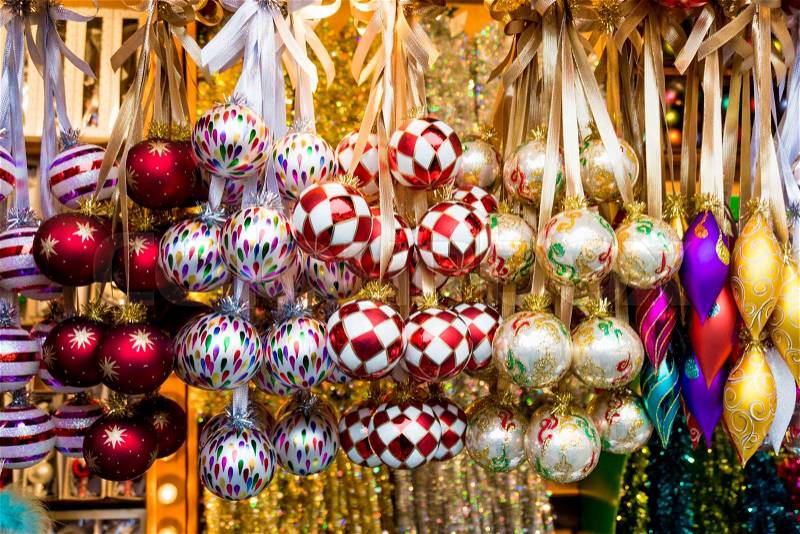 Christmas market store and balls. Colorful Christmas decorations, stock photo