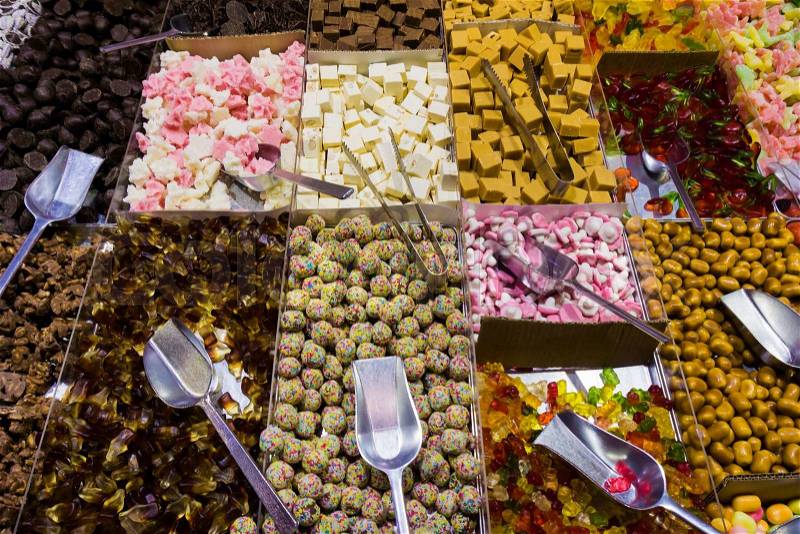 Background made of colorful sweets and candies. Assorted candy in a market. jelly candies, stock photo