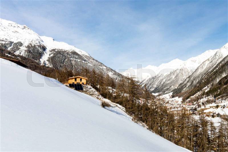 A ski lodge at the Austrian ski resort Soelden on a cold and sunny winter day, stock photo