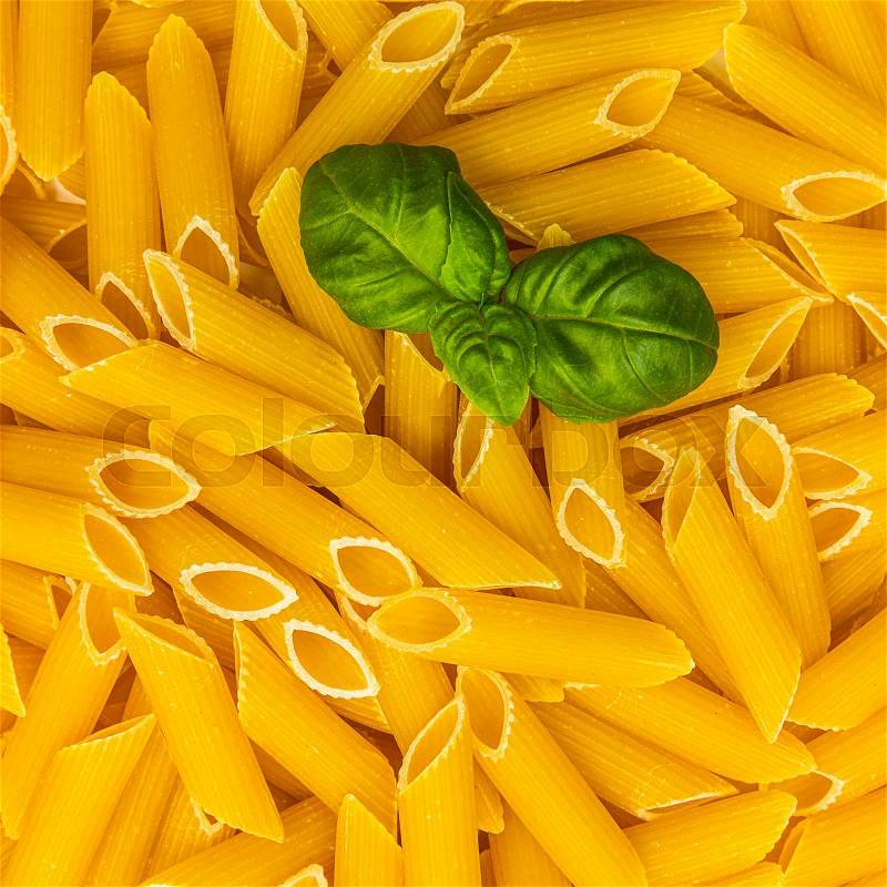 A backgorund of penne integral pasta noodels with basil. Taken in Studio with a 5D mark III, stock photo