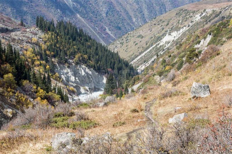 The panorama of mountain landscape of Ala-Archa gorge in the summer\'s day, Kyrgyzstan, stock photo