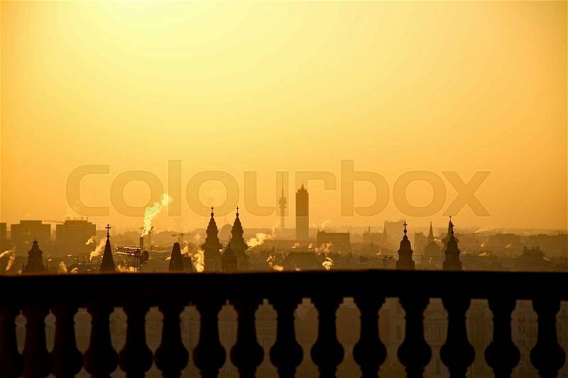 Rising sun over the city of Budapest, stock photo
