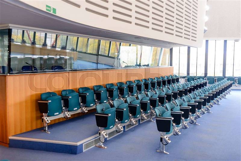 Rows of seats in the European Court of Human Rights in Strasbourg, stock photo