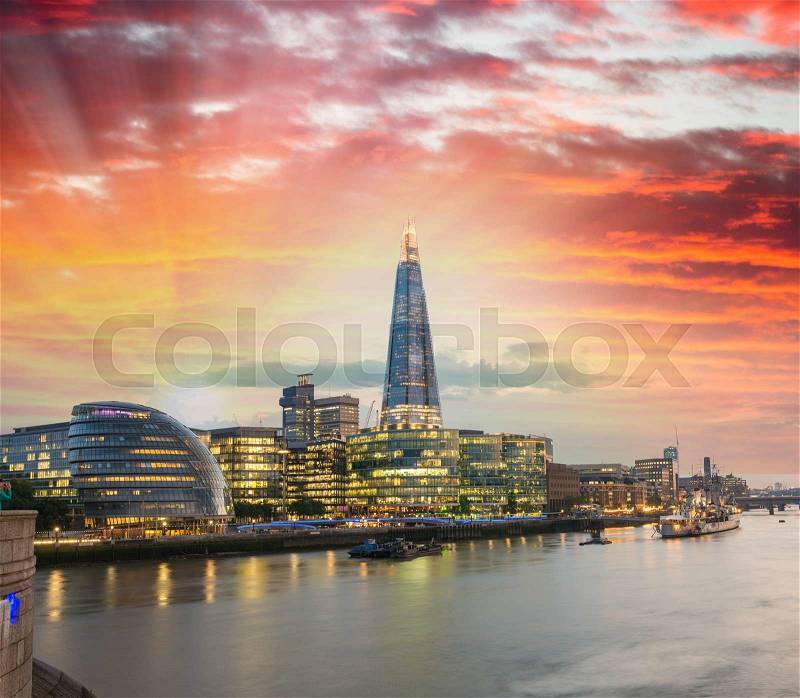 The Shard and London City Hall at night shooted from Tower Bridge, stock photo
