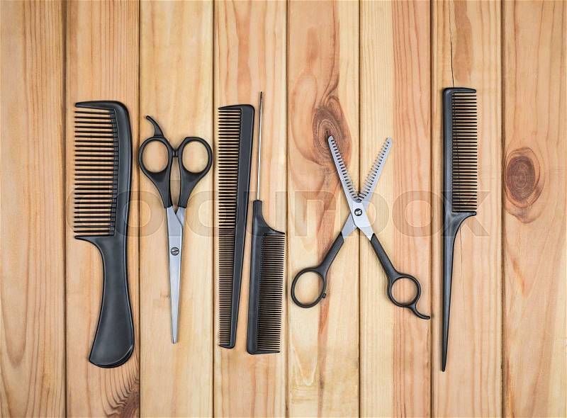 Professional hairdresser tools on table close-up, stock photo