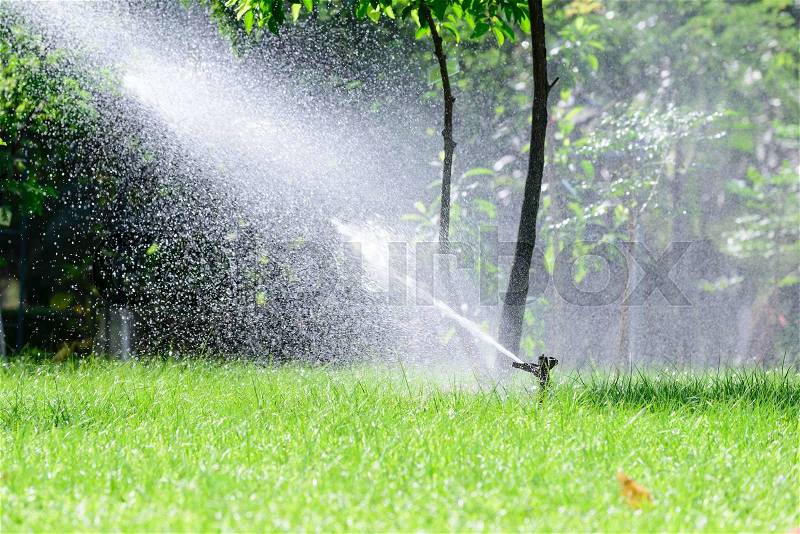 Garden lawn water sprinkler system, stock photo