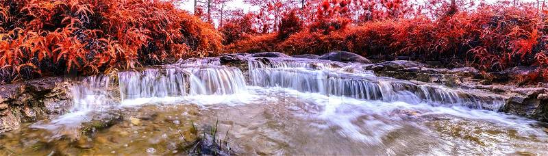 Panoramic view of Beautiful autumn waterfall in deep forest, stock photo