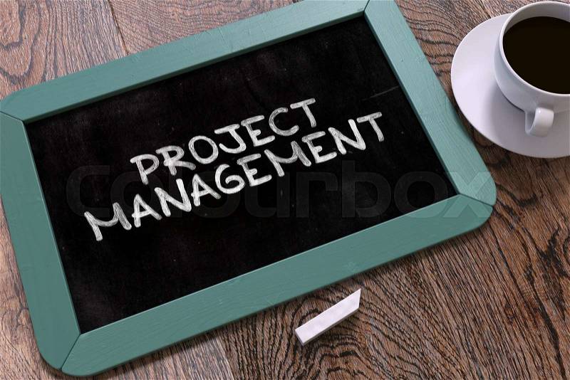 Hand Drawn Project Management Concept on Small Blue Chalkboard. Business Background. Top View, stock photo