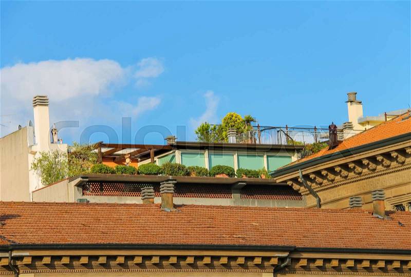 Modern roof garden in the historical centre of Rimini, Italy, stock photo