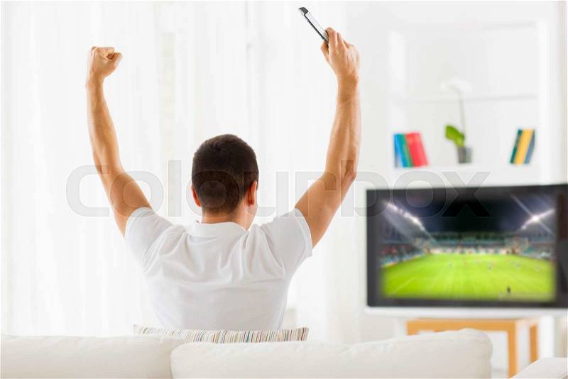 Leisure, technology, media, sport and people concept - man watching football game on tv and supporting team at home from back, stock photo