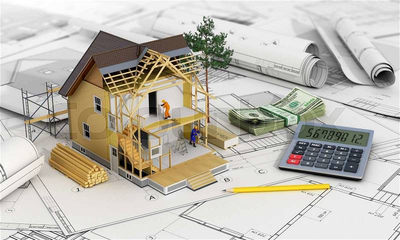 Concept of construction and architect design. 3d render of house in building process with tree, calculator and pencils on the blurred blueprints. We see constituents of roof frame and insulation layer, stock photo