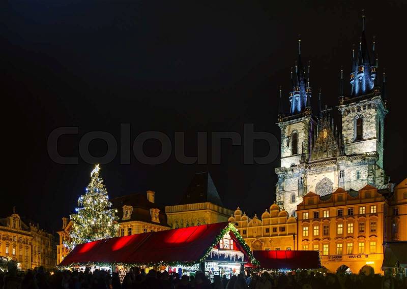 PRAGUE - DECEMBER 2: Decorated for Christmas Old Town Square on December 2, 2015 in Prague, Czech Republic. Prague has been a political, cultural, and economic centre during its 1,100-year existence, stock photo