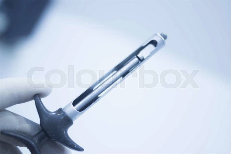Dental anaesthetic equipment in dentist office clinic surgery used to treat tooth decay, fillings, gum disease and orthodontics treatments, stock photo