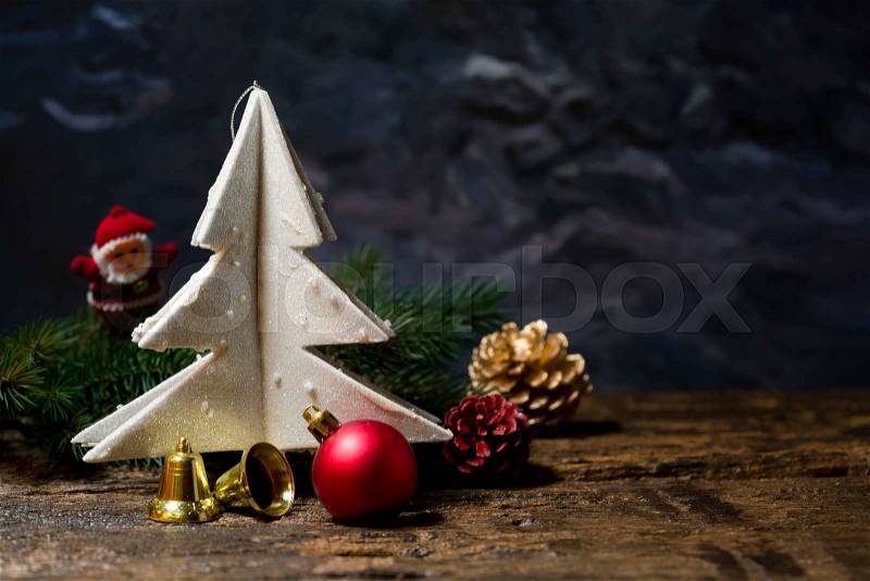 Still life of christmas ornament on wooden board, stock photo