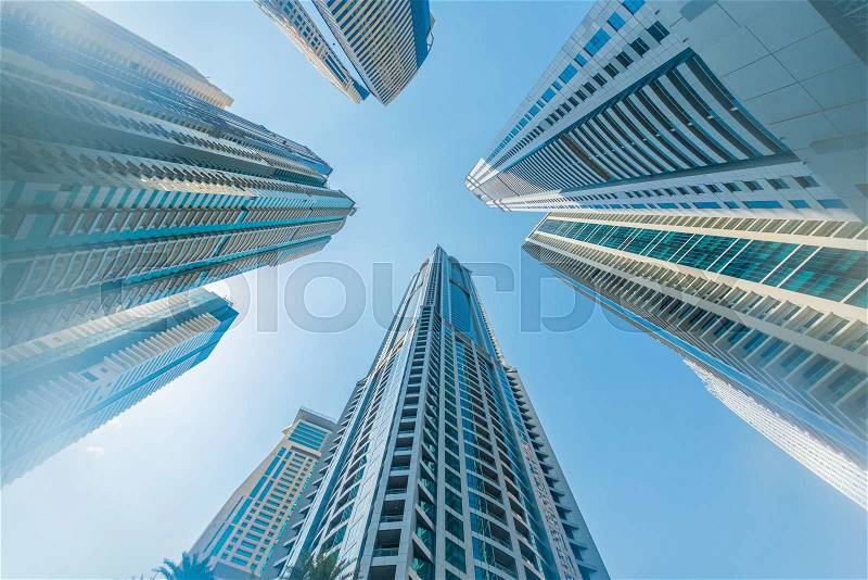 Tall Dubai Marina skyscrapers in UAE, stock photo