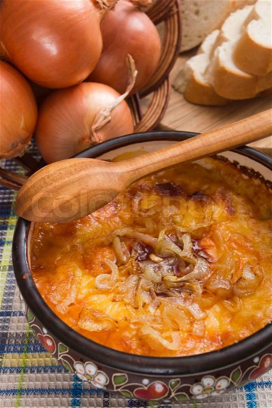 French onion soup in a ceramic bowl, stock photo