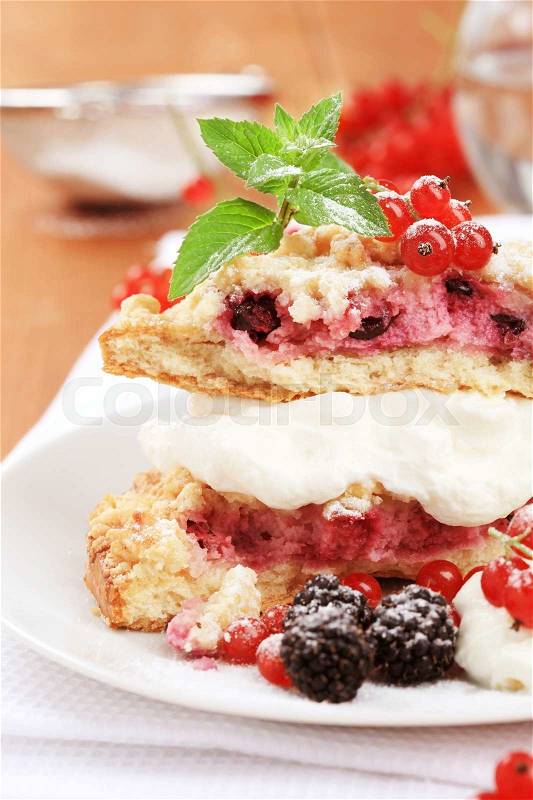 Berry fruit cake with cream cheese - detail, stock photo