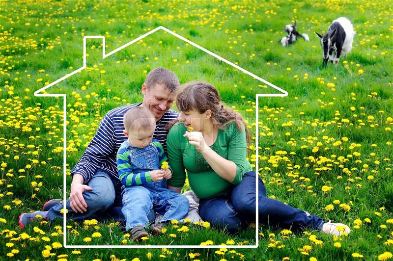 Home, happiness and real estate concept - happy smiling family with adorable baby, stock photo