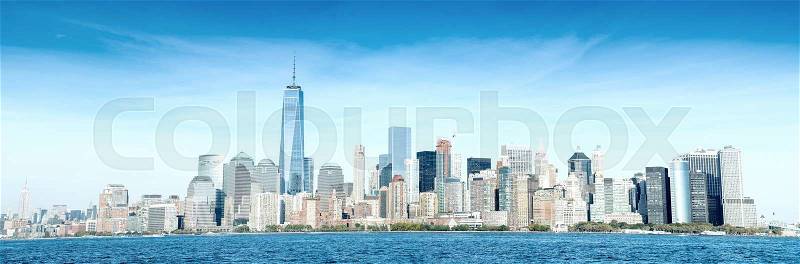 Downtown Manhattan over East river. Panoramic giant view, stock photo