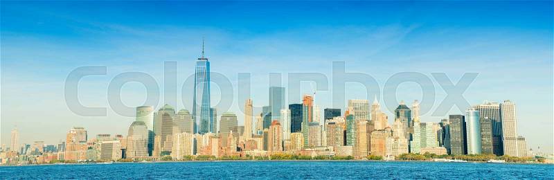 Downtown Manhattan over East river. Panoramic giant view, stock photo