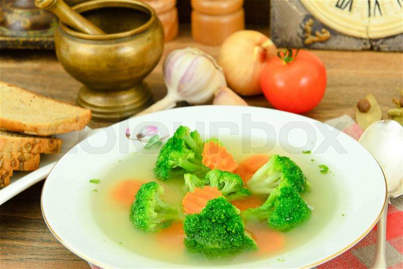 Broccoli and Carrots Soup. Diet Fitness Nutrition Studio Photo, stock photo