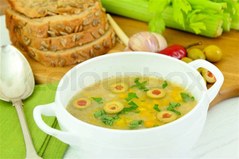 Barley Soup with Olives and Peppers. Diet Food, stock photo
