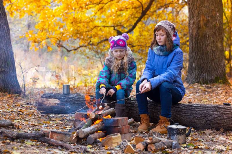 Two girls on picnic in the autumn forest sitting around the campfire , stock photo