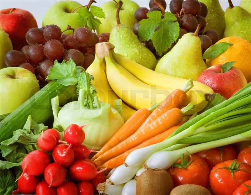 Assortment of fresh vegetables and fruit , stock photo