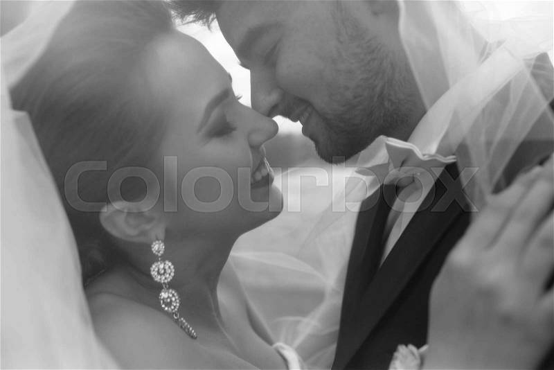 A sweet kiss. Bride and groom at the wedding, stock photo