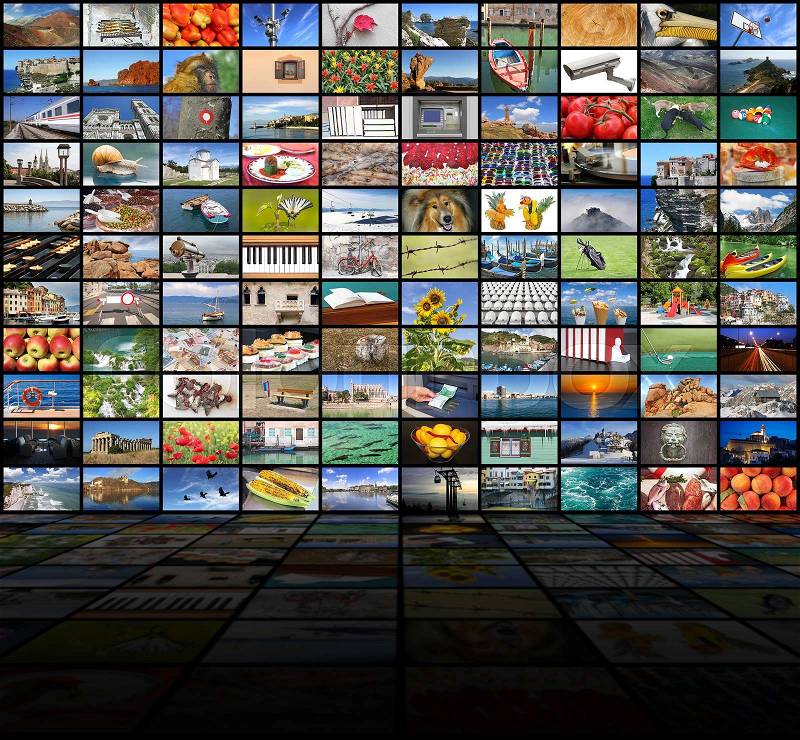 A variety of images as a big video wall of the TV screen, stock photo