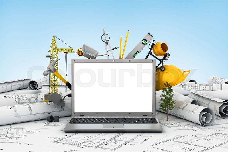The laptop with empty screen and object for construction. Blueprints and safety helmet over a table in construction site, stock photo
