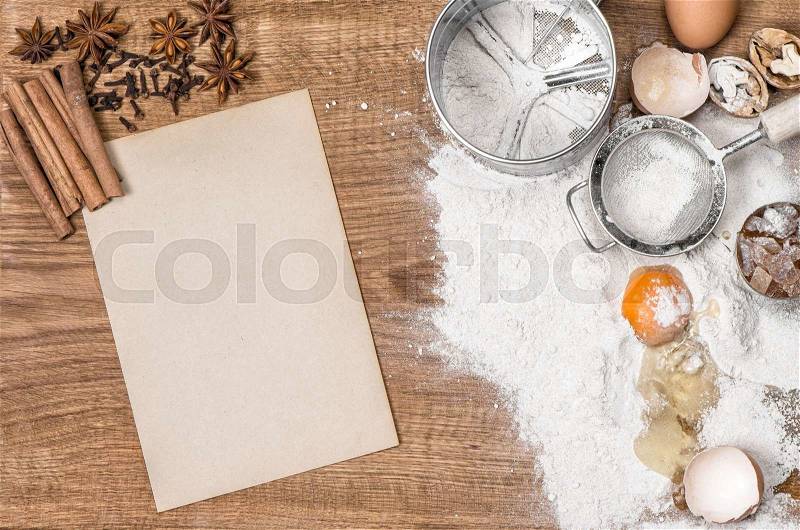 Food background. Baking tools and ingredients. Recipe book concept, stock photo