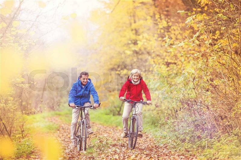 Active seniors riding bike in autumn nature. They relax outdoor, stock photo