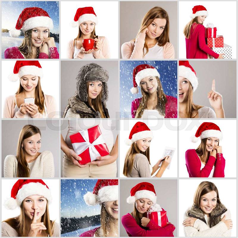 Christmas face collage of brunette girl in santa hat, stock photo