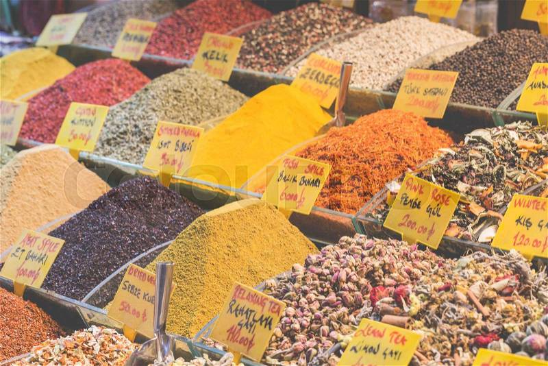 Colorful spices at spice bazaar in Istanbul, Turkey, stock photo