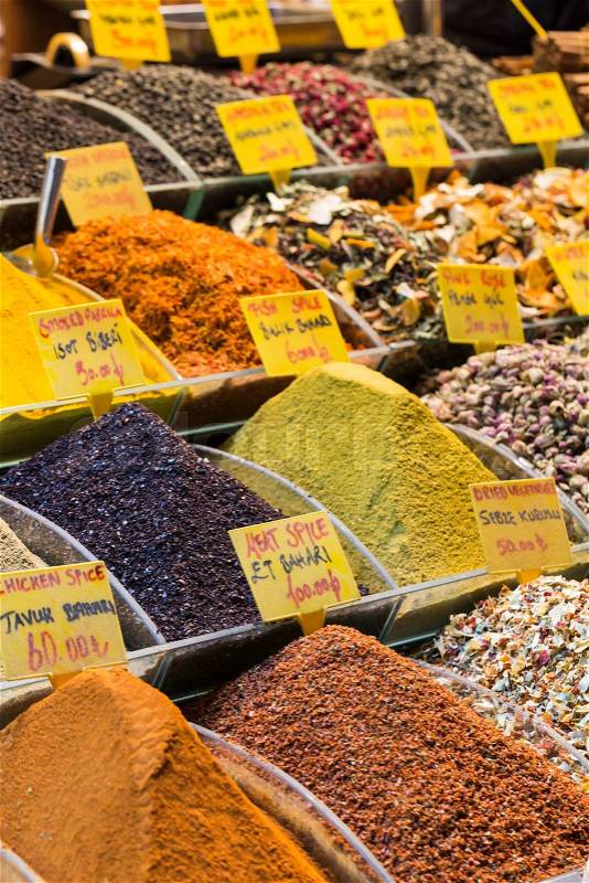 Colorful spices at spice bazaar in Istanbul, Turkey, stock photo