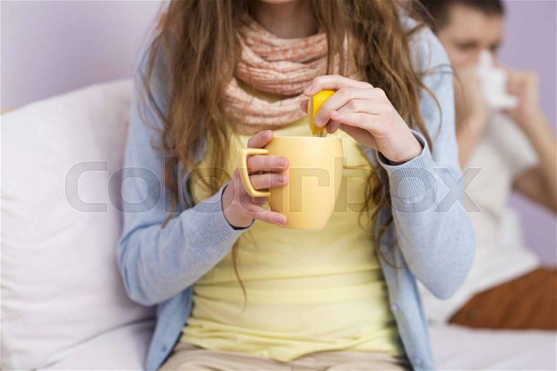 Sick woman and man have cold, flu and high fever, stock photo