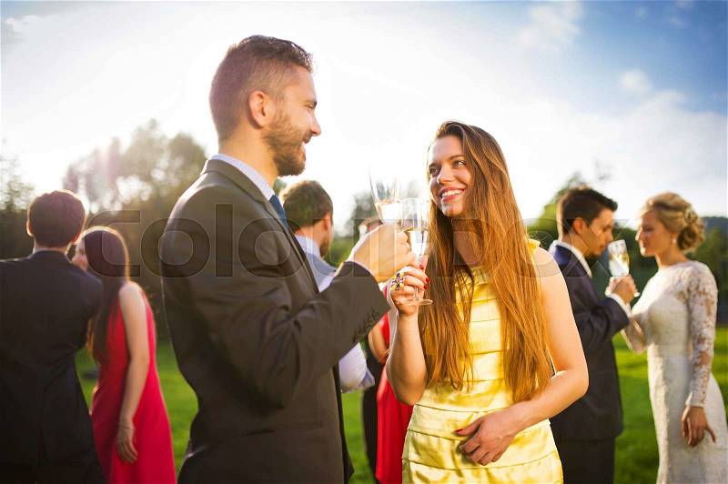 Wedding guests clinking glasses at the wedding reception outside, stock photo