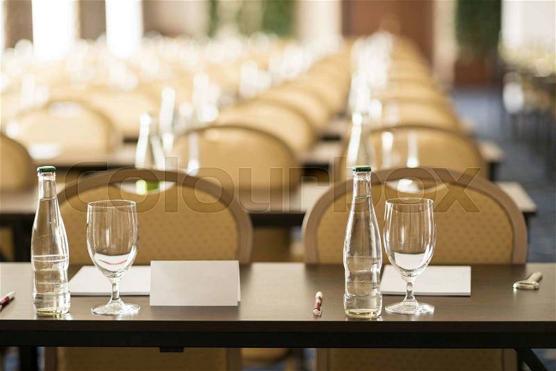 Congress room is ready for indoor business conference, stock photo