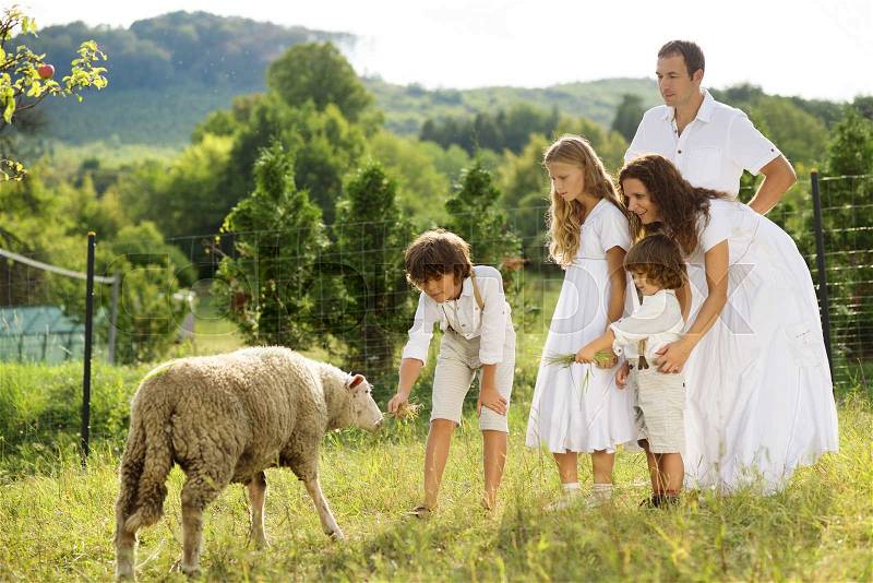 Family with five kids is feeding animals on the farm, stock photo