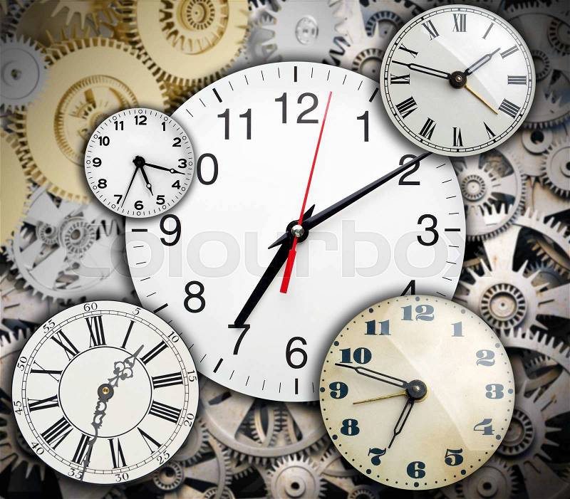 Many clocks over the gears background, stock photo