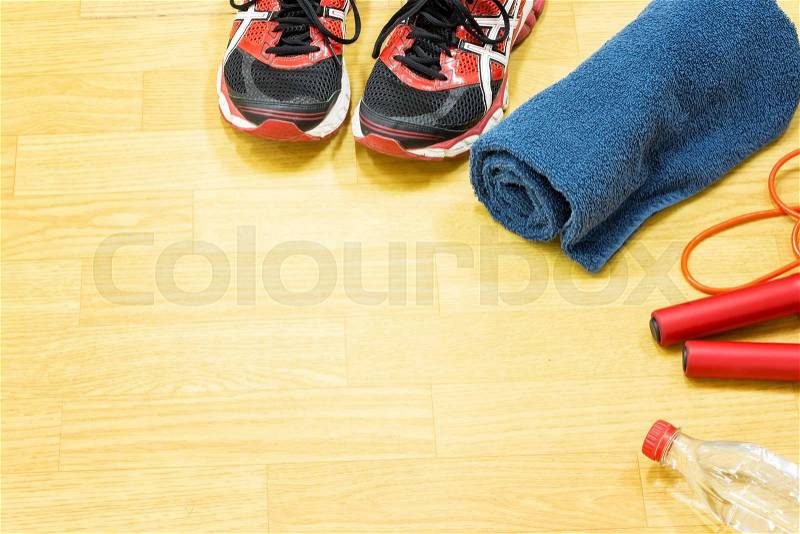 Accessories for fitness on the floor in gym, stock photo