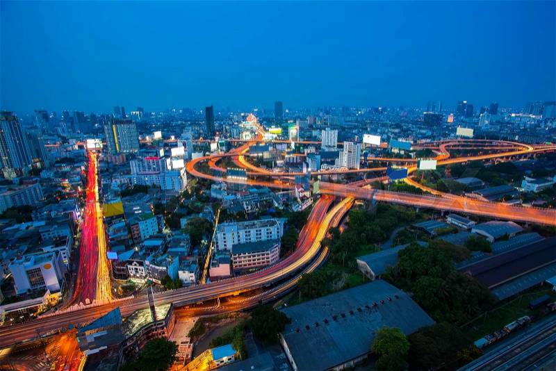 Arial view of Bangkok city with main traffic and express way at night, stock photo