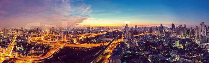 Bangkok Expressway top view in panorama at sunrise, Thailand, stock photo