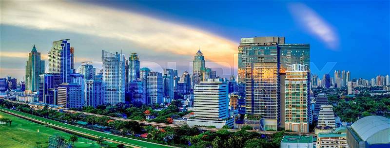 Panorama of Bangkok Cityscape in twilight, Business district with high building, Thailand, stock photo