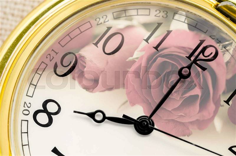 Composite of pink Roses and Clock. Love and time concept, stock photo