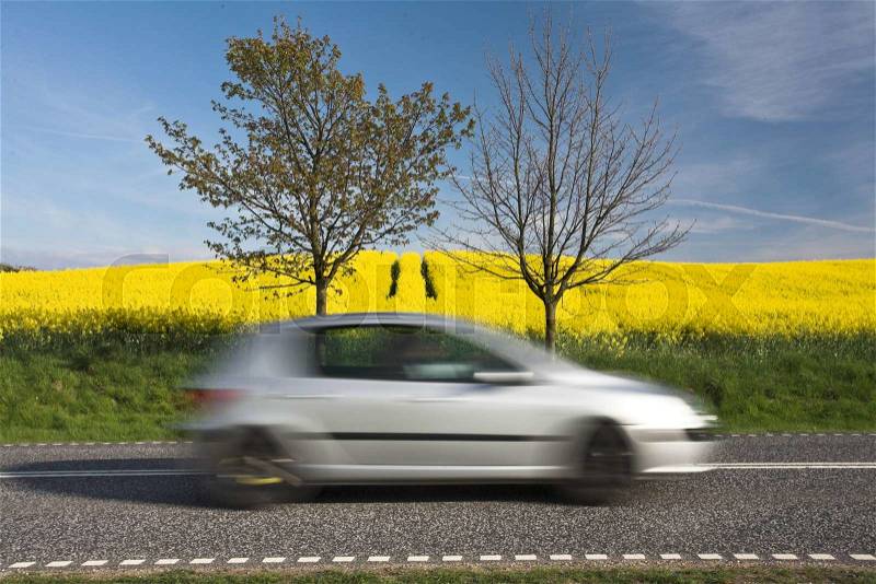 Rapse field and car passing shot at low shutter speed, stock photo