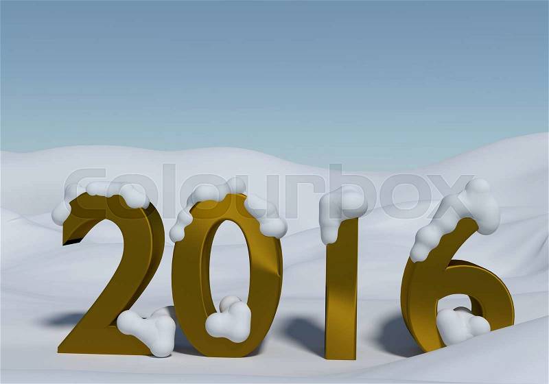 Golden number 2016 with snow, stock photo